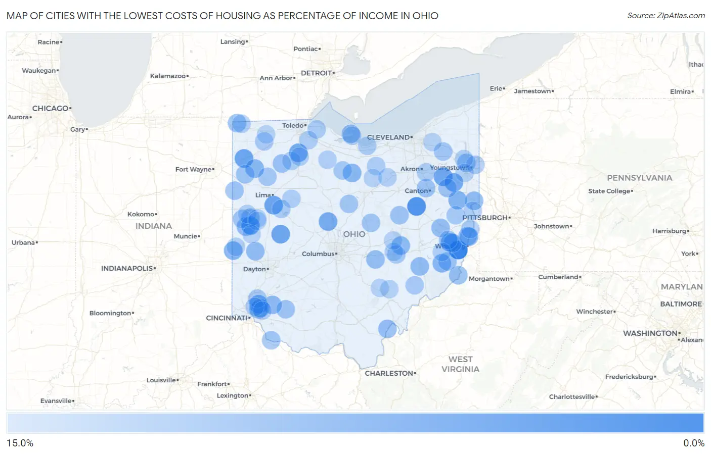 Cities with the Lowest Costs of Housing as Percentage of Income in Ohio Map