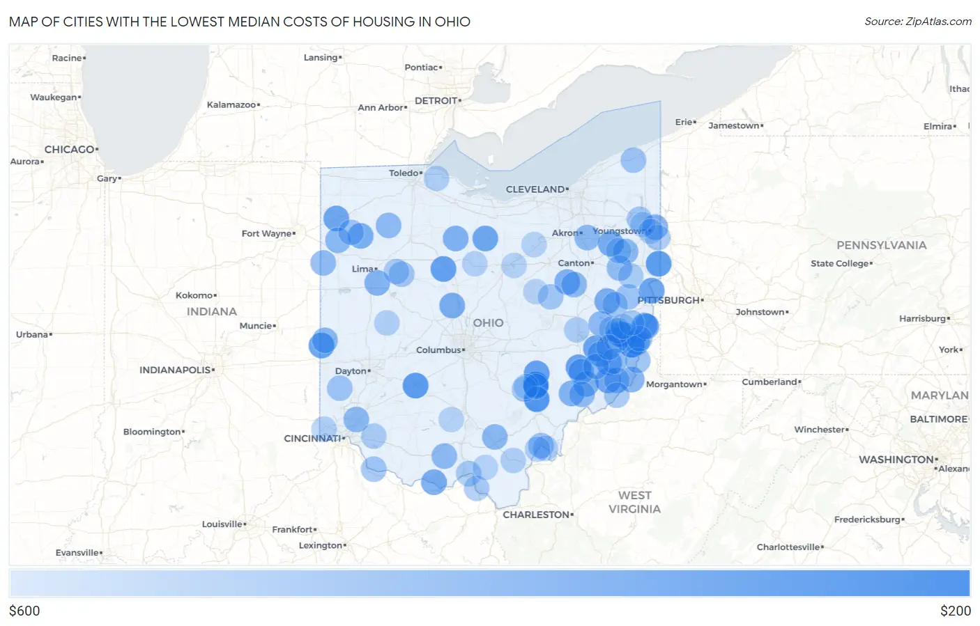 Cities with the Lowest Median Costs of Housing in Ohio Map