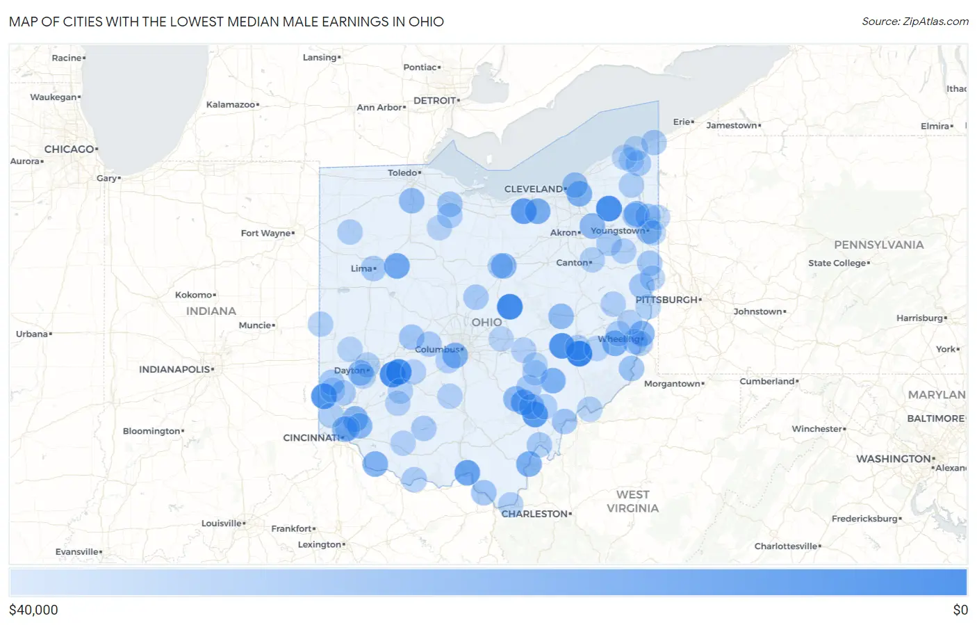Cities with the Lowest Median Male Earnings in Ohio Map
