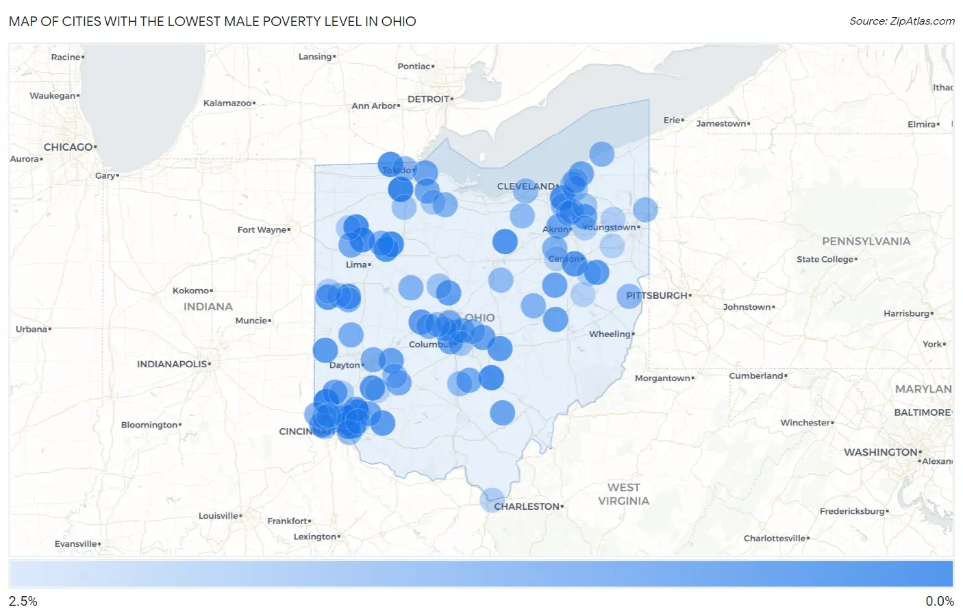 Cities with the Lowest Male Poverty Level in Ohio Map