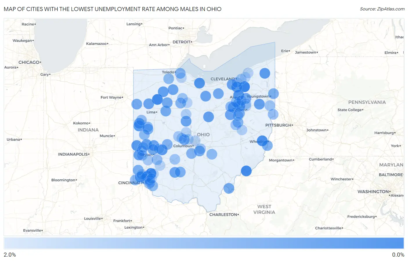 Cities with the Lowest Unemployment Rate Among Males in Ohio Map