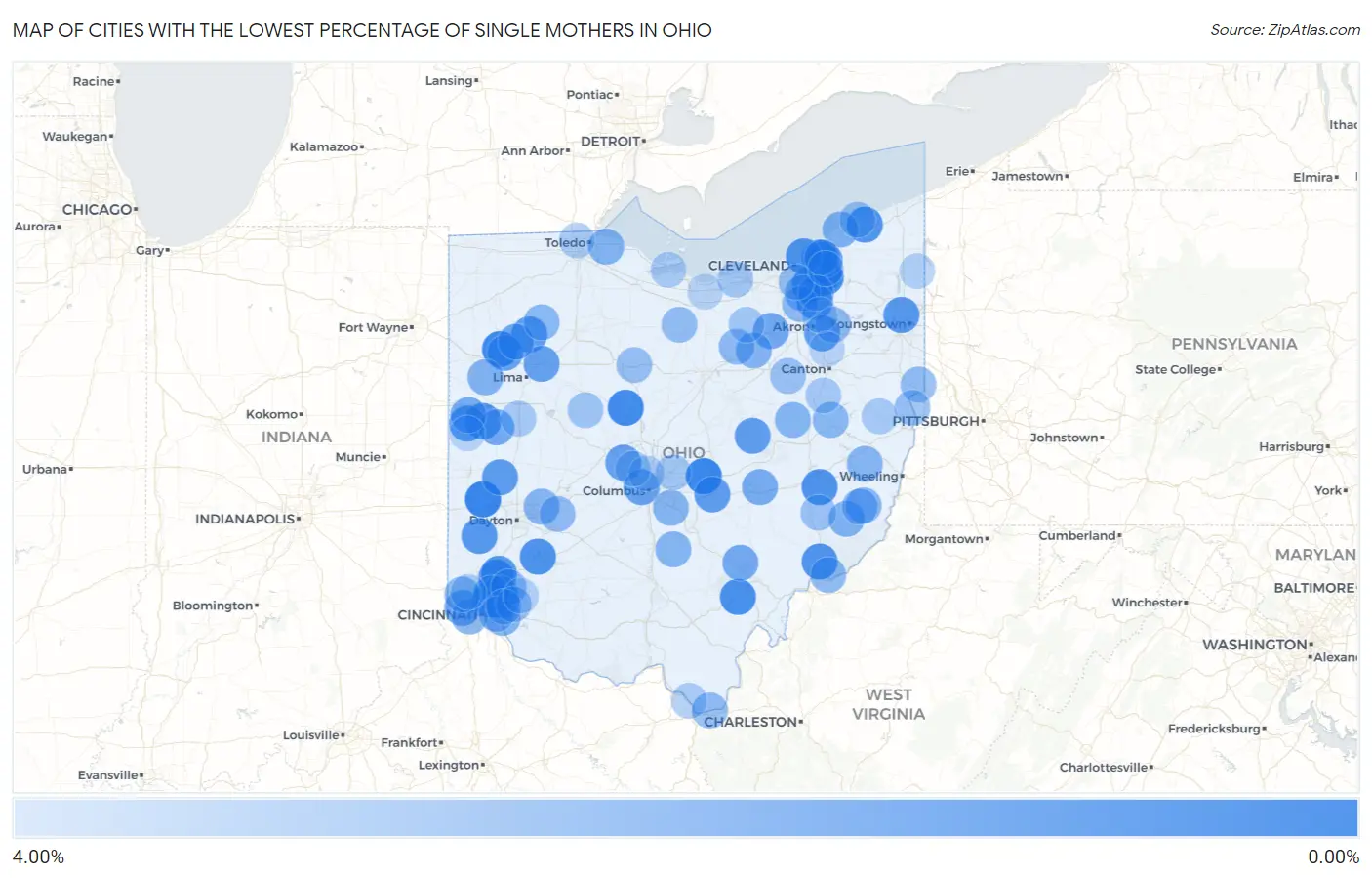 Cities with the Lowest Percentage of Single Mothers in Ohio Map