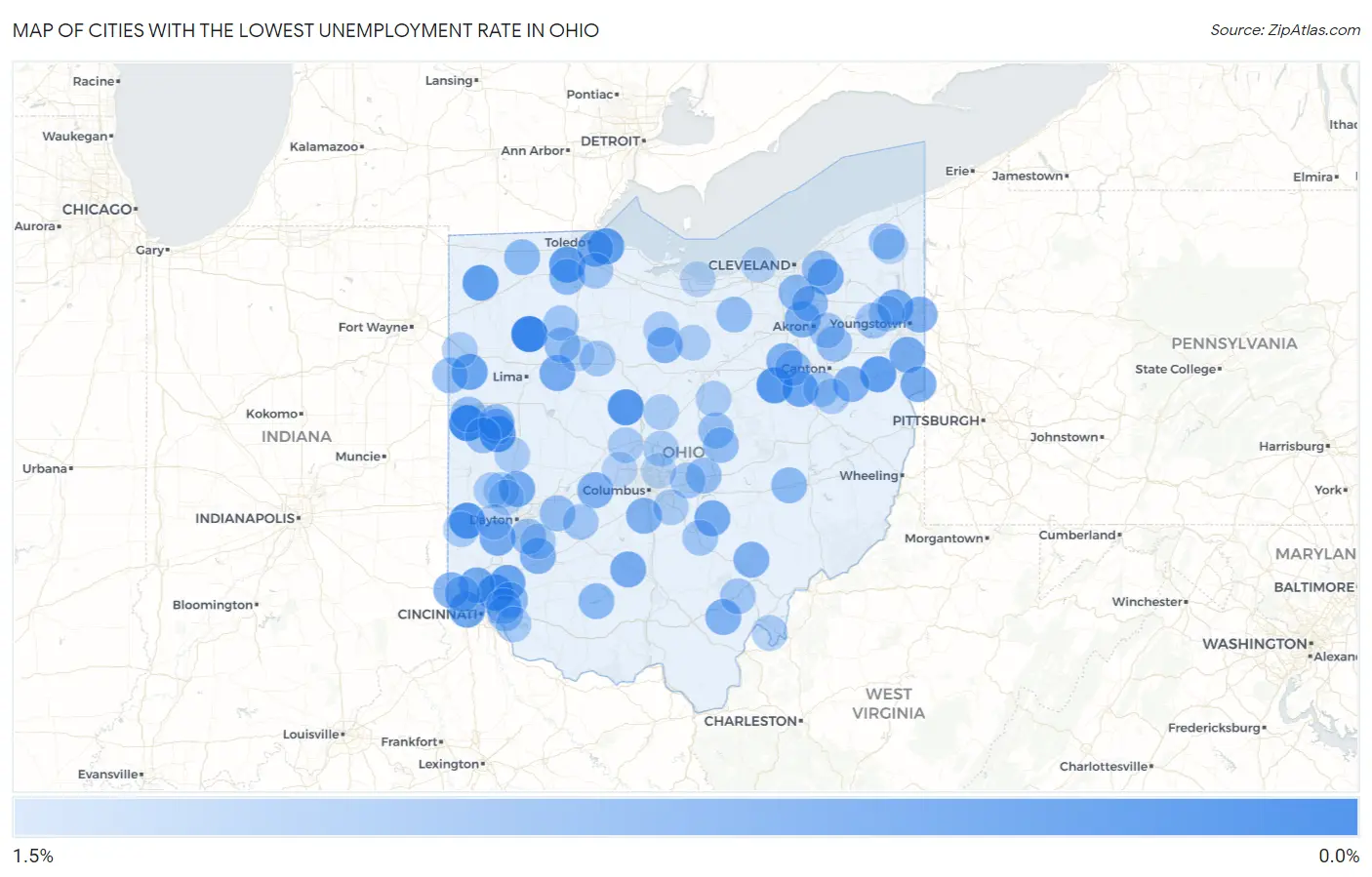 Cities with the Lowest Unemployment Rate in Ohio Map