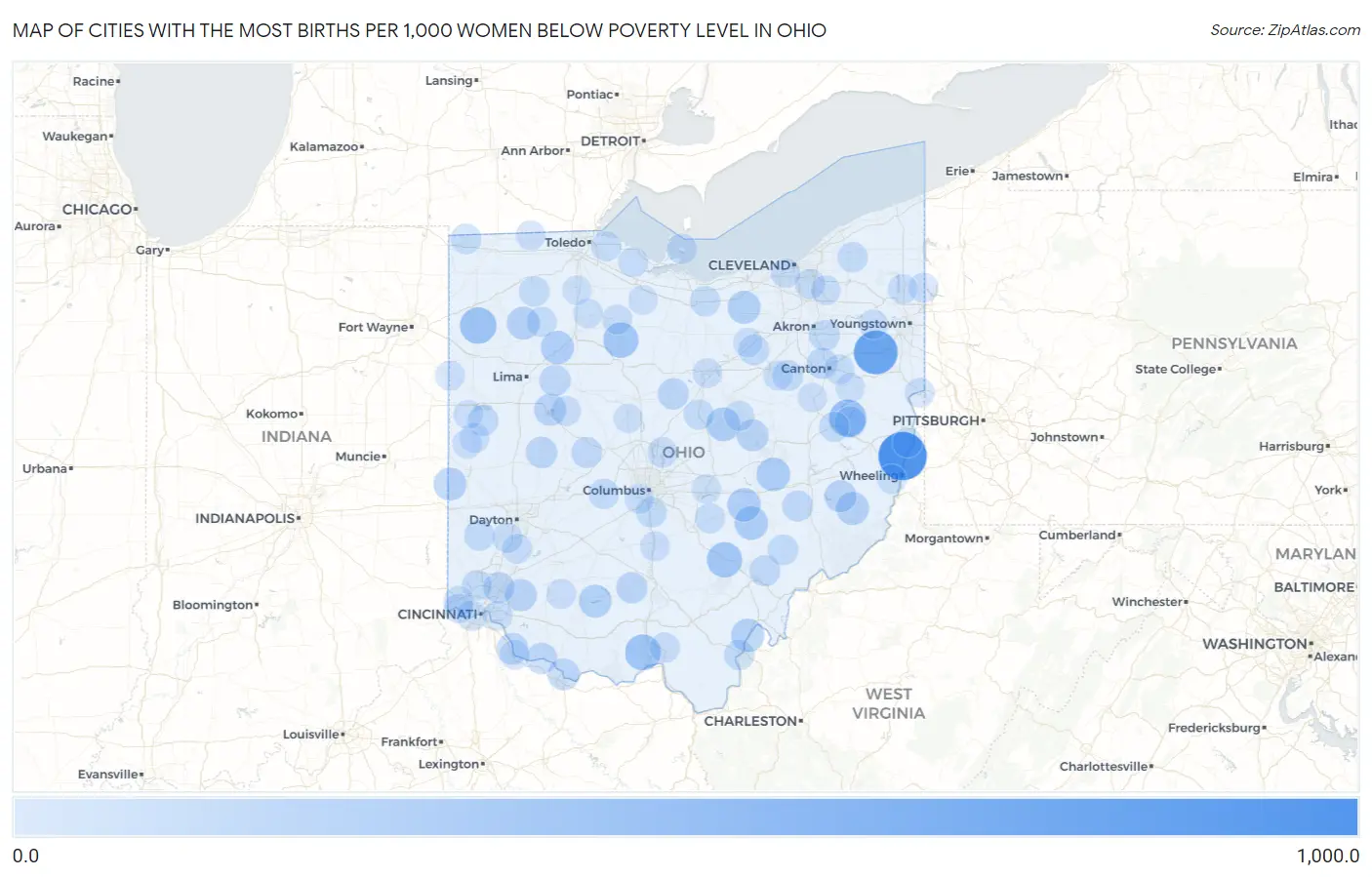 Cities with the Most Births per 1,000 Women Below Poverty Level in Ohio Map