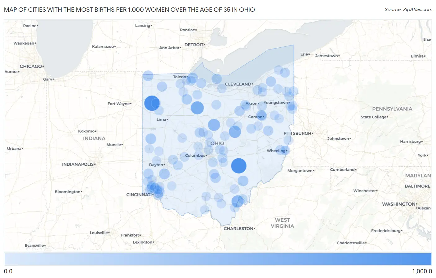 Cities with the Most Births per 1,000 Women Over the Age of 35 in Ohio Map