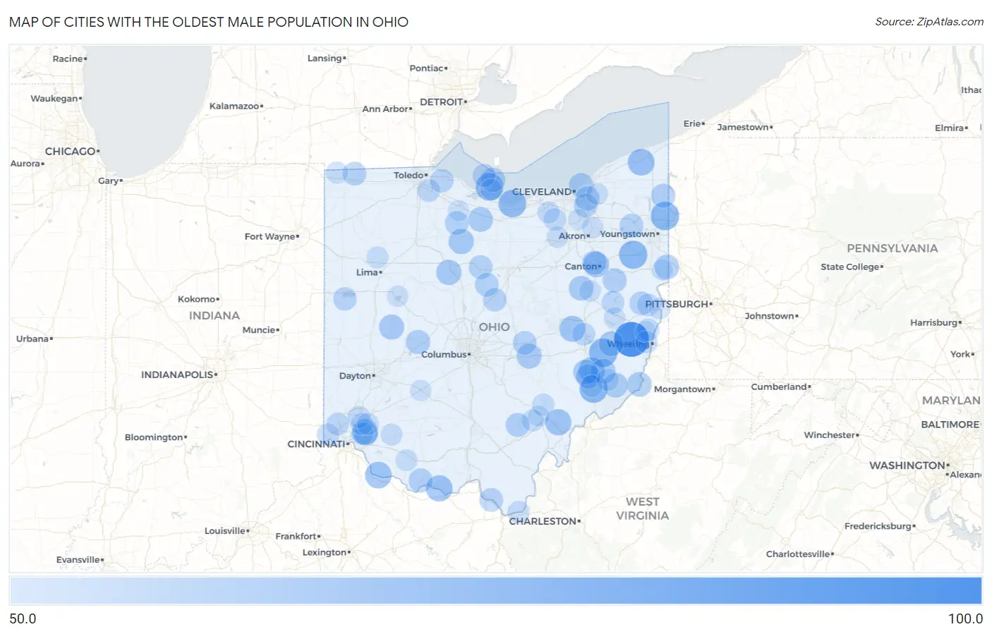 Cities with the Oldest Male Population in Ohio Map