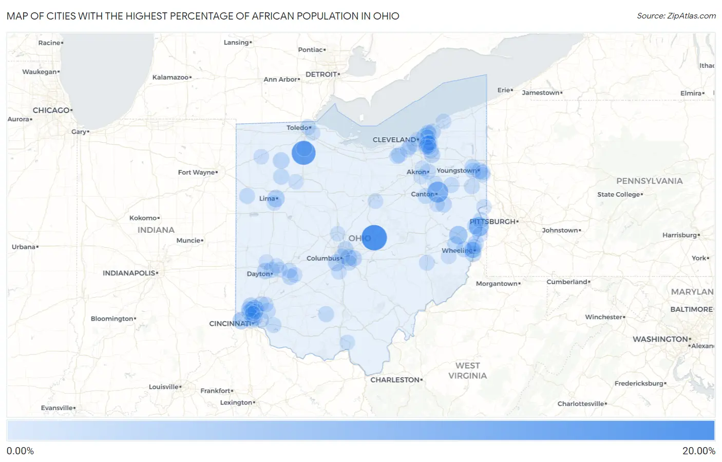 Cities with the Highest Percentage of African Population in Ohio Map