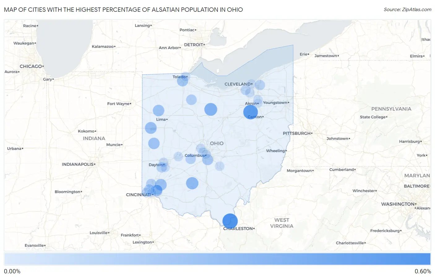Cities with the Highest Percentage of Alsatian Population in Ohio Map