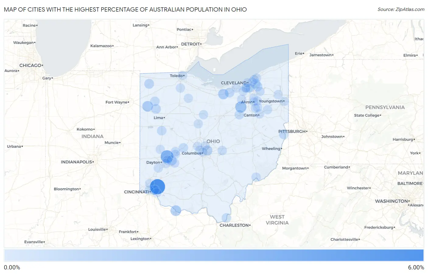 Cities with the Highest Percentage of Australian Population in Ohio Map