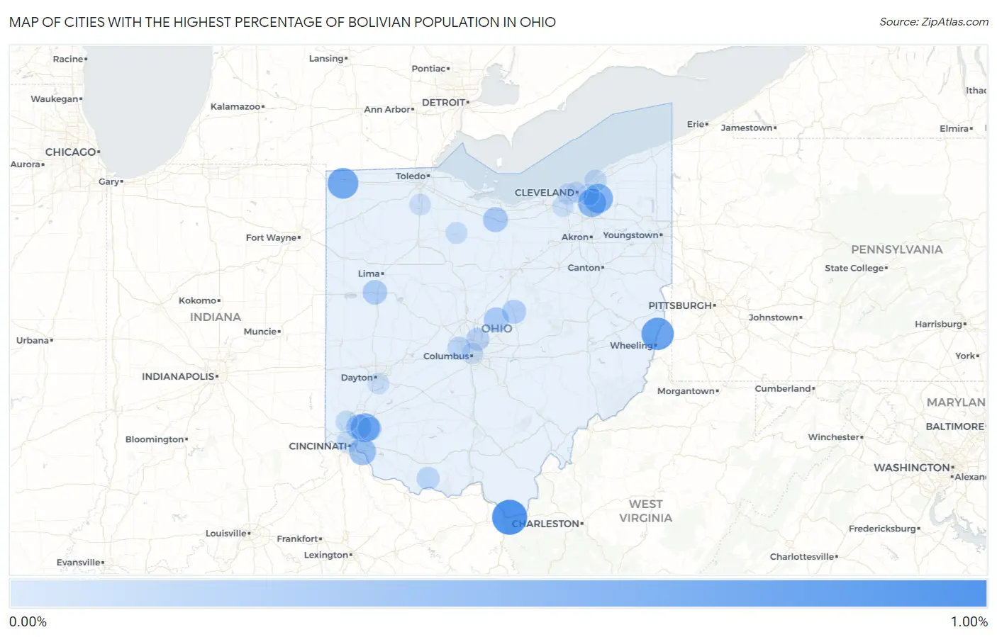 Cities with the Highest Percentage of Bolivian Population in Ohio Map