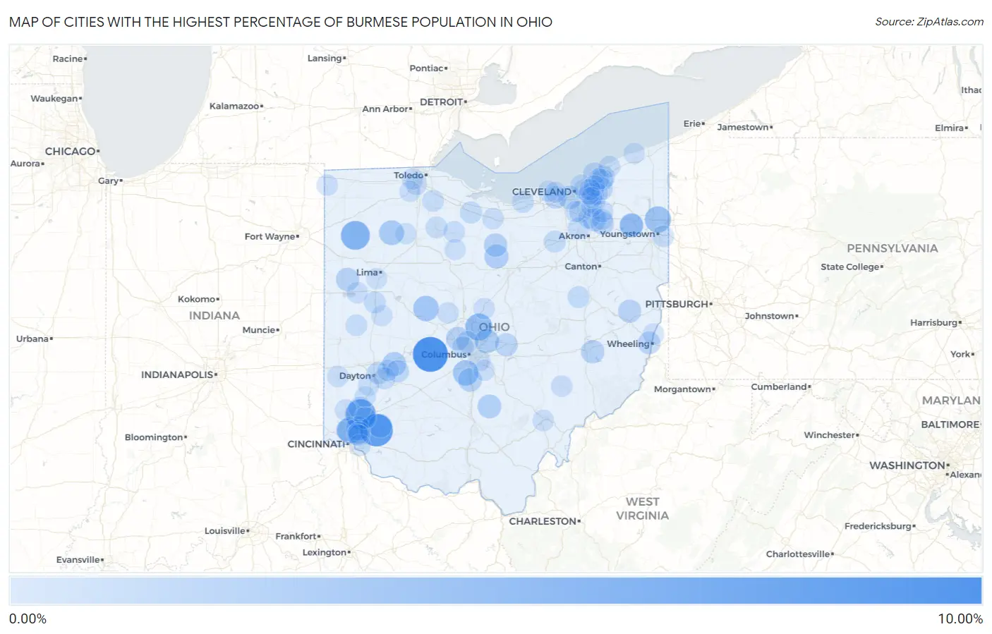 Cities with the Highest Percentage of Burmese Population in Ohio Map