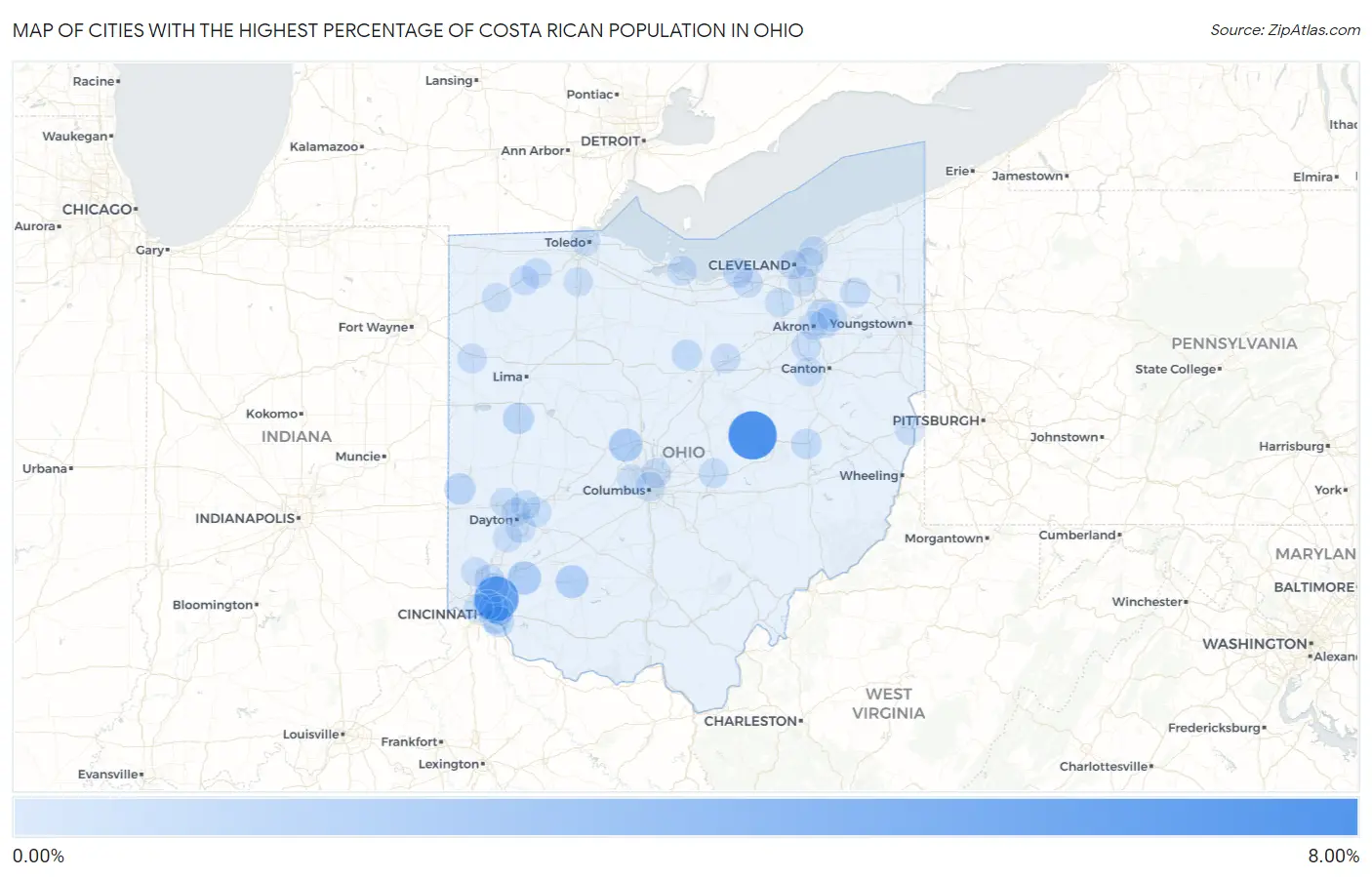 Cities with the Highest Percentage of Costa Rican Population in Ohio Map
