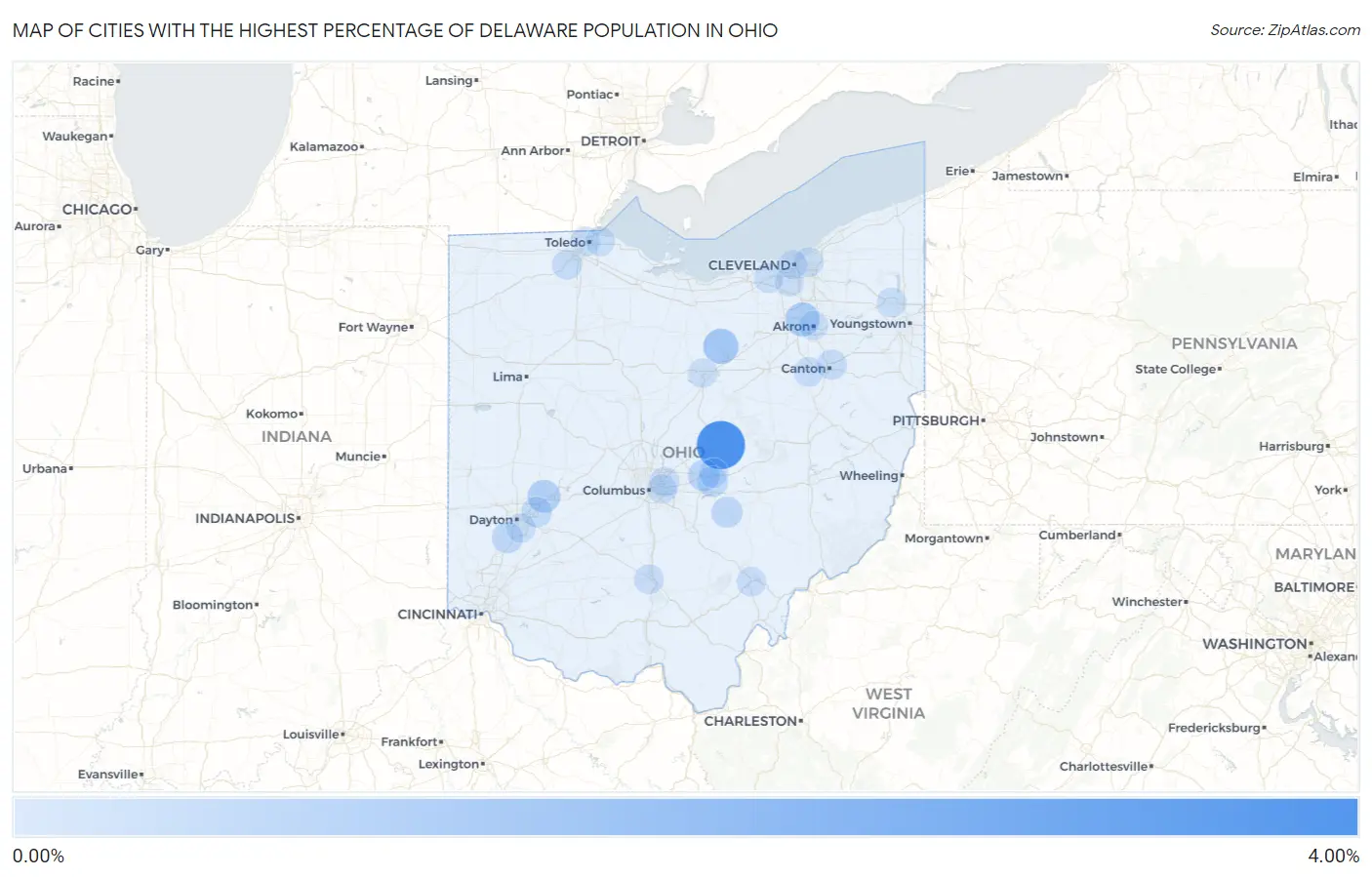 Cities with the Highest Percentage of Delaware Population in Ohio Map