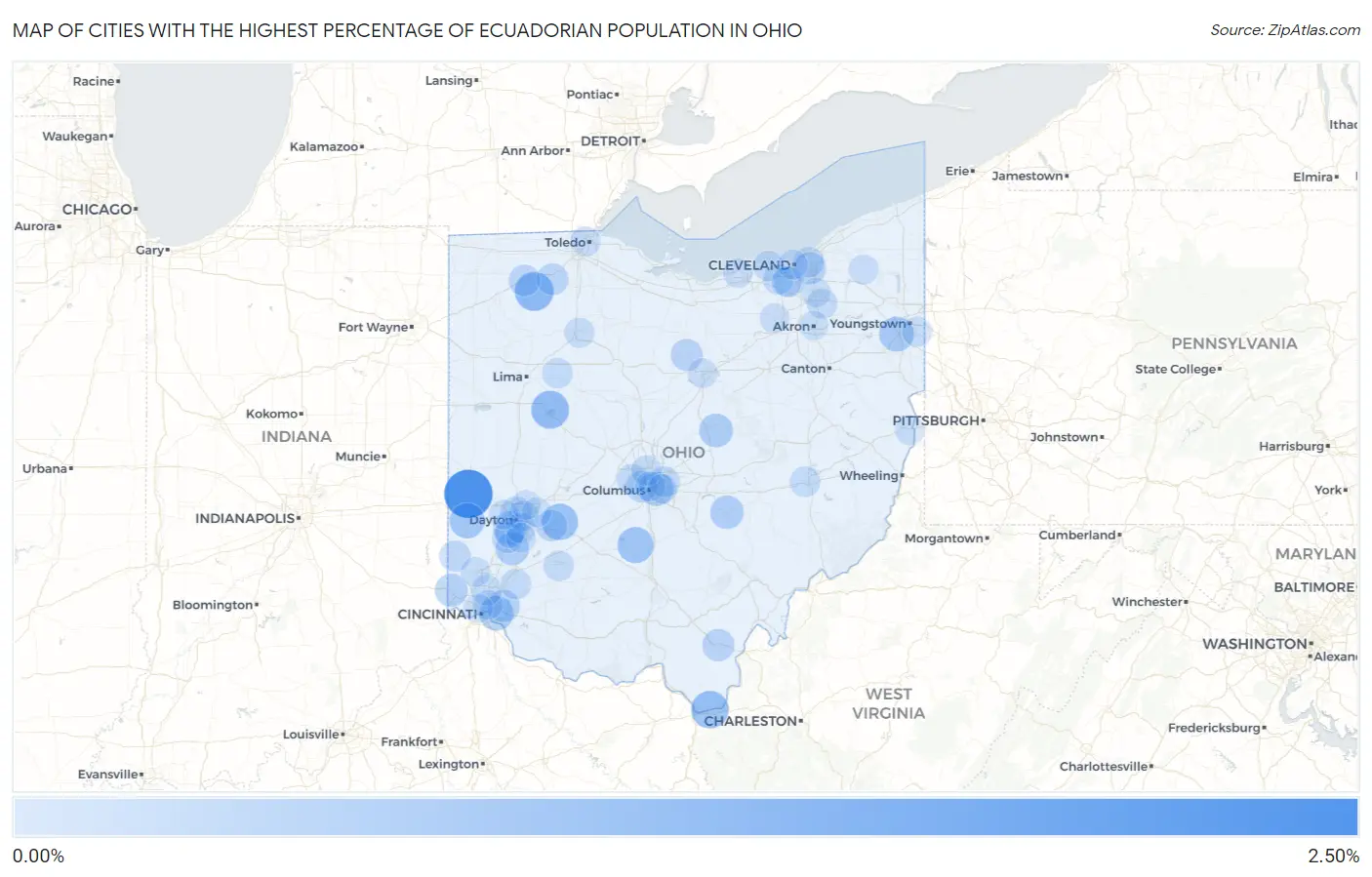 Cities with the Highest Percentage of Ecuadorian Population in Ohio Map