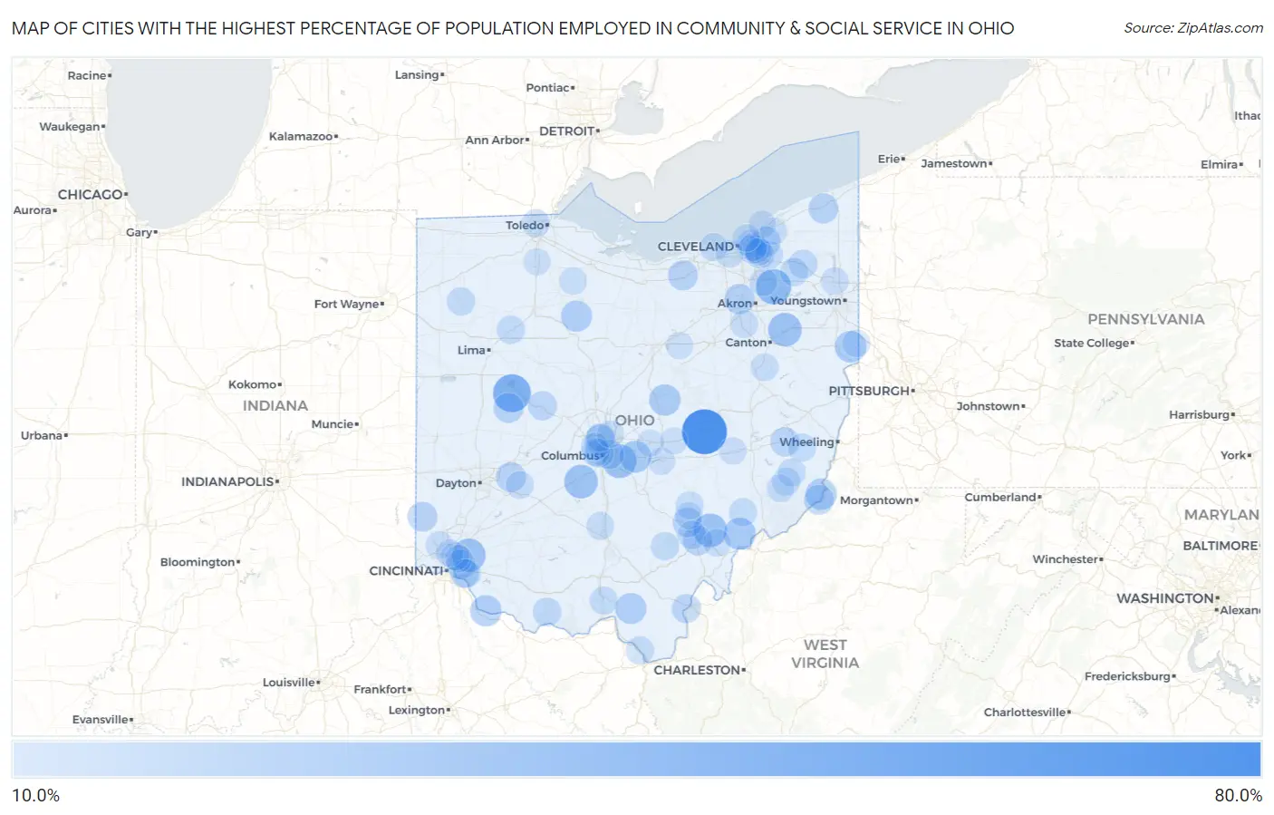 Cities with the Highest Percentage of Population Employed in Community & Social Service  in Ohio Map