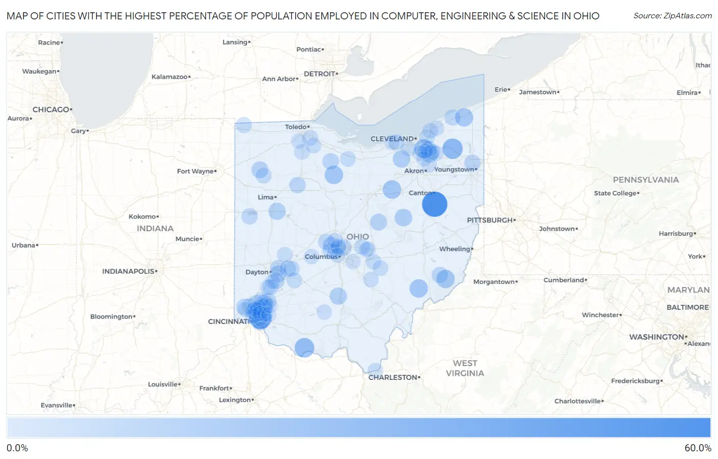 Cities with the Highest Percentage of Population Employed in Computer, Engineering & Science in Ohio Map