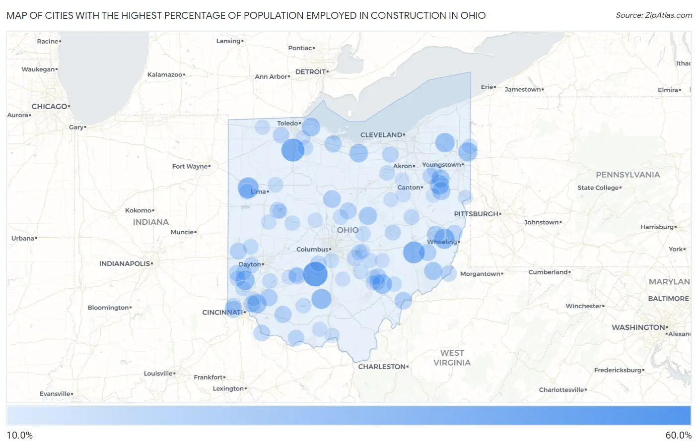 Cities with the Highest Percentage of Population Employed in Construction in Ohio Map