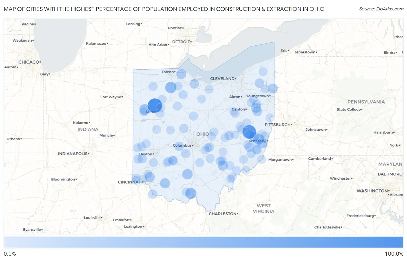 Cities with the Highest Percentage of Population Employed in Construction & Extraction in Ohio Map