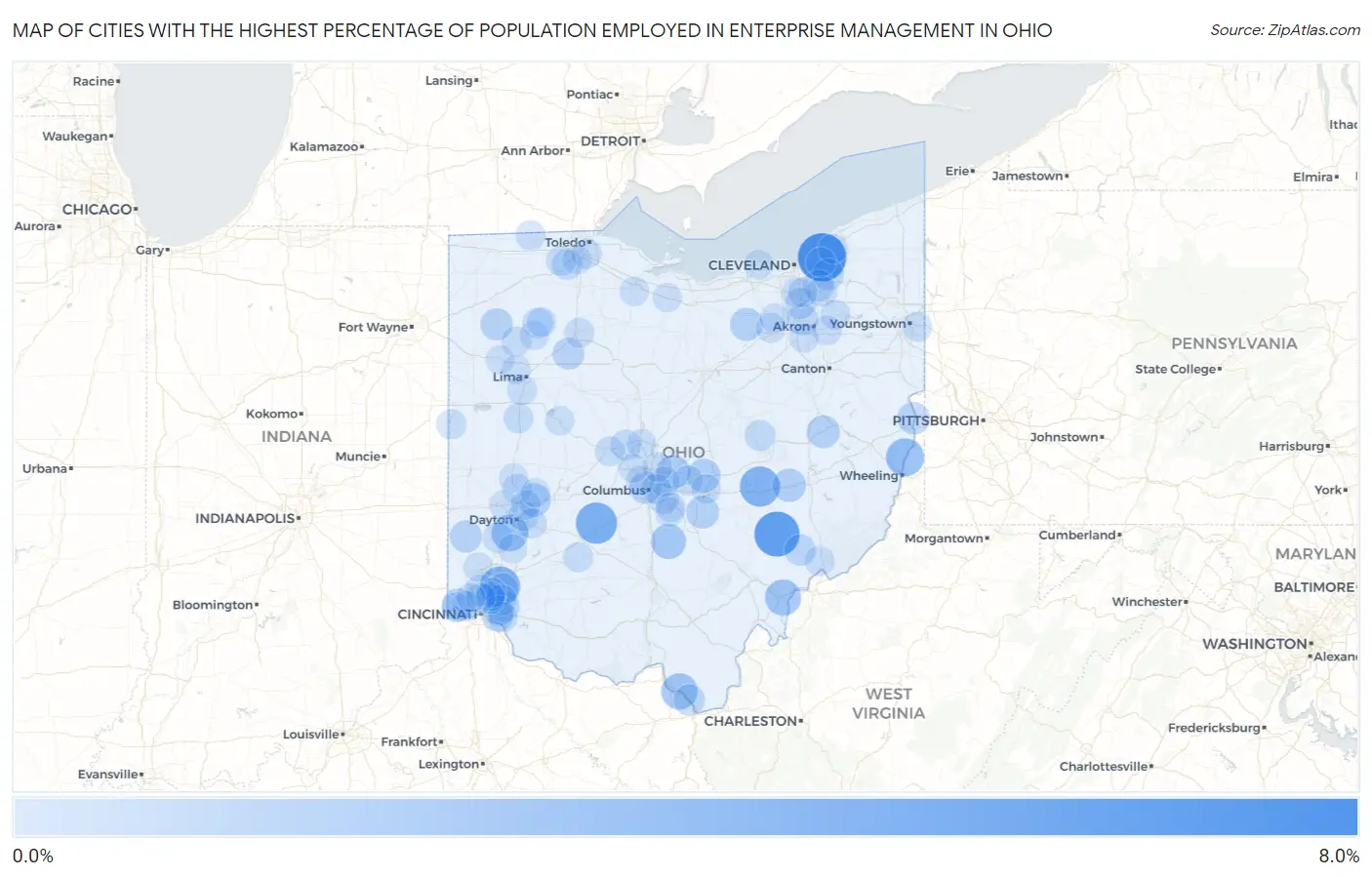 Cities with the Highest Percentage of Population Employed in Enterprise Management in Ohio Map