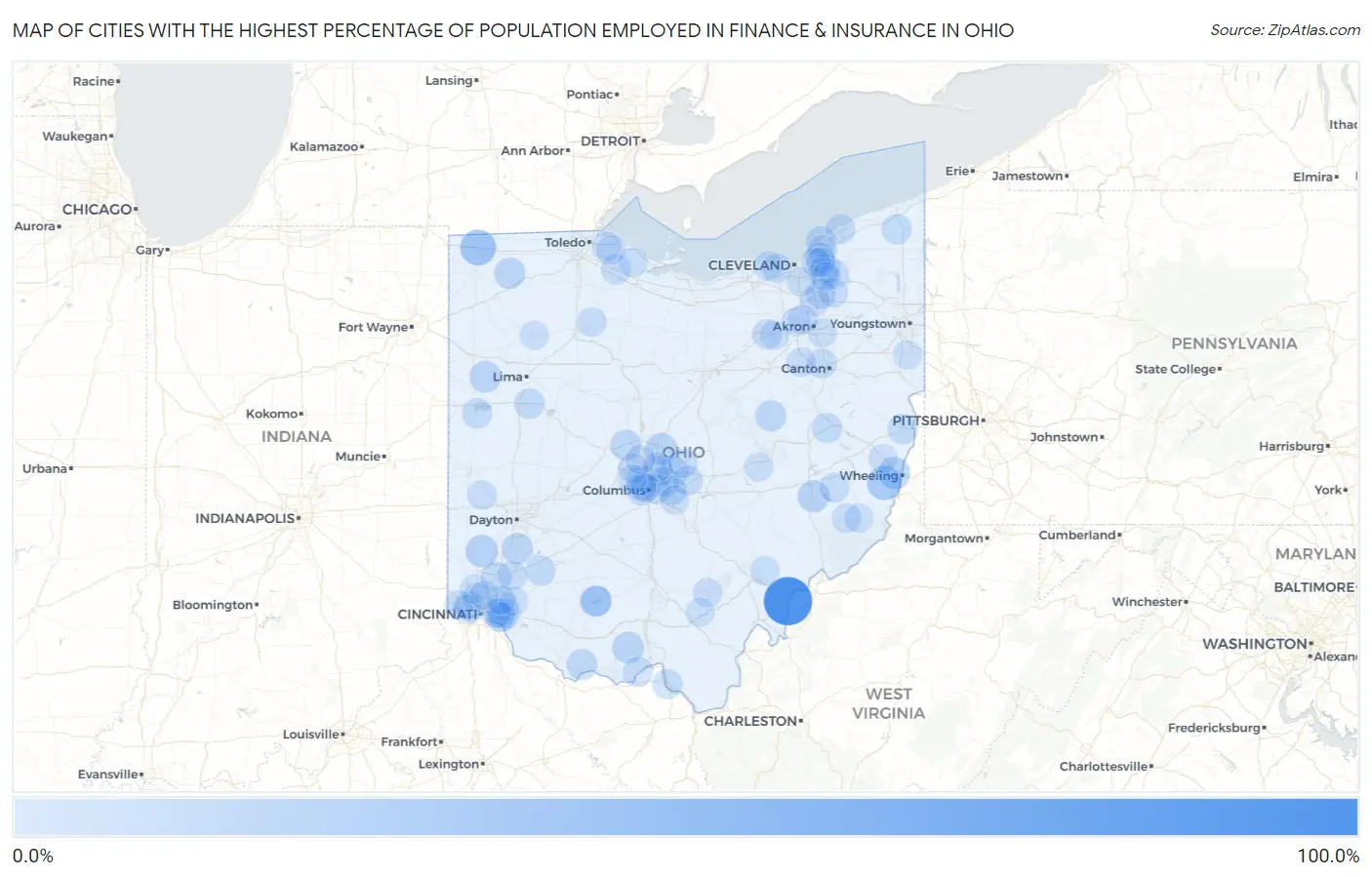 Cities with the Highest Percentage of Population Employed in Finance & Insurance in Ohio Map