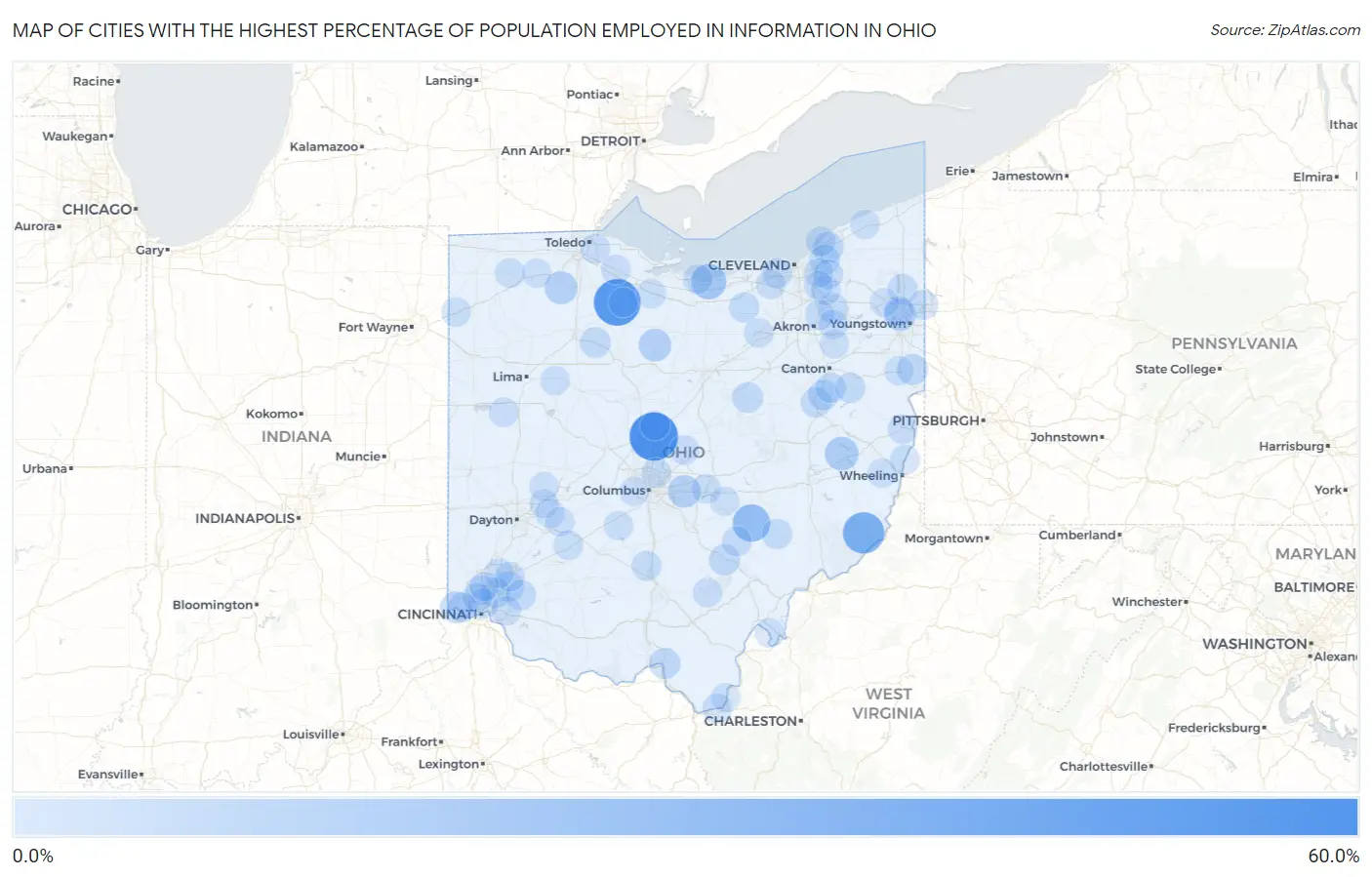 Cities with the Highest Percentage of Population Employed in Information in Ohio Map