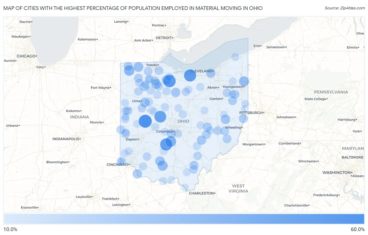 Cities with the Highest Percentage of Population Employed in Material Moving in Ohio Map