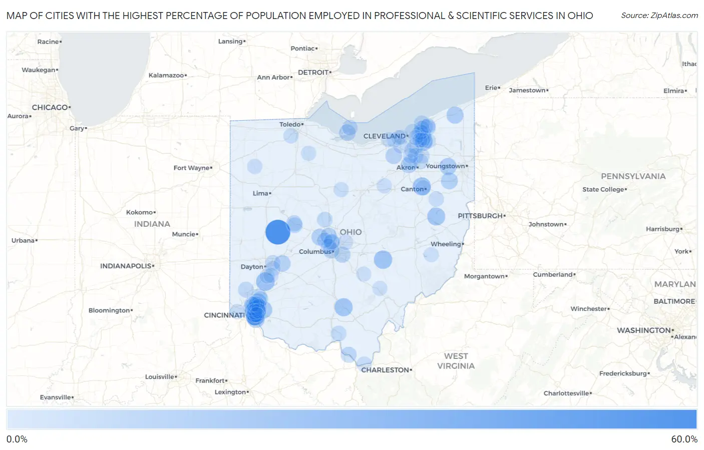 Cities with the Highest Percentage of Population Employed in Professional & Scientific Services in Ohio Map