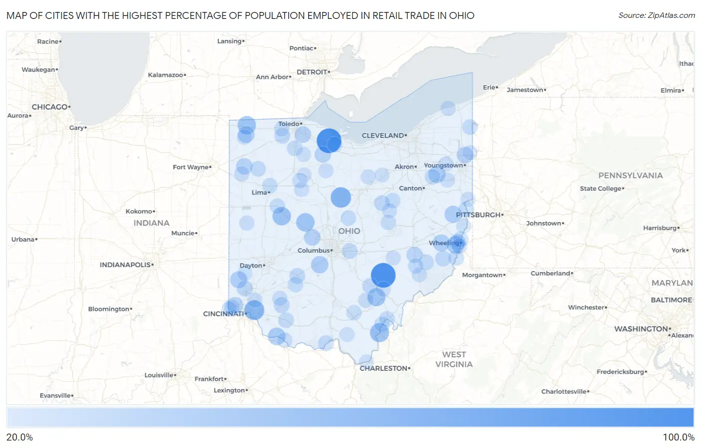 Cities with the Highest Percentage of Population Employed in Retail Trade in Ohio Map