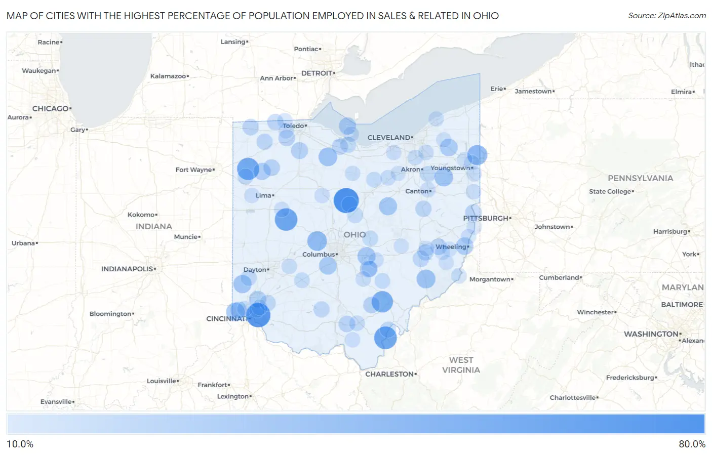Cities with the Highest Percentage of Population Employed in Sales & Related in Ohio Map
