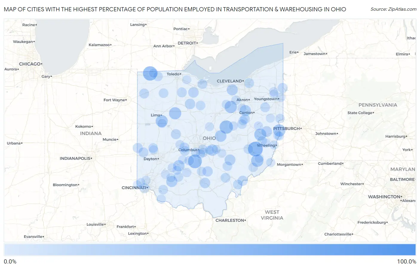Cities with the Highest Percentage of Population Employed in Transportation & Warehousing in Ohio Map