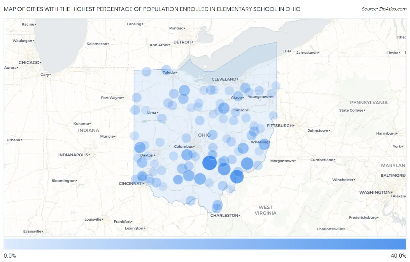 Cities with the Highest Percentage of Population Enrolled in Elementary School in Ohio Map