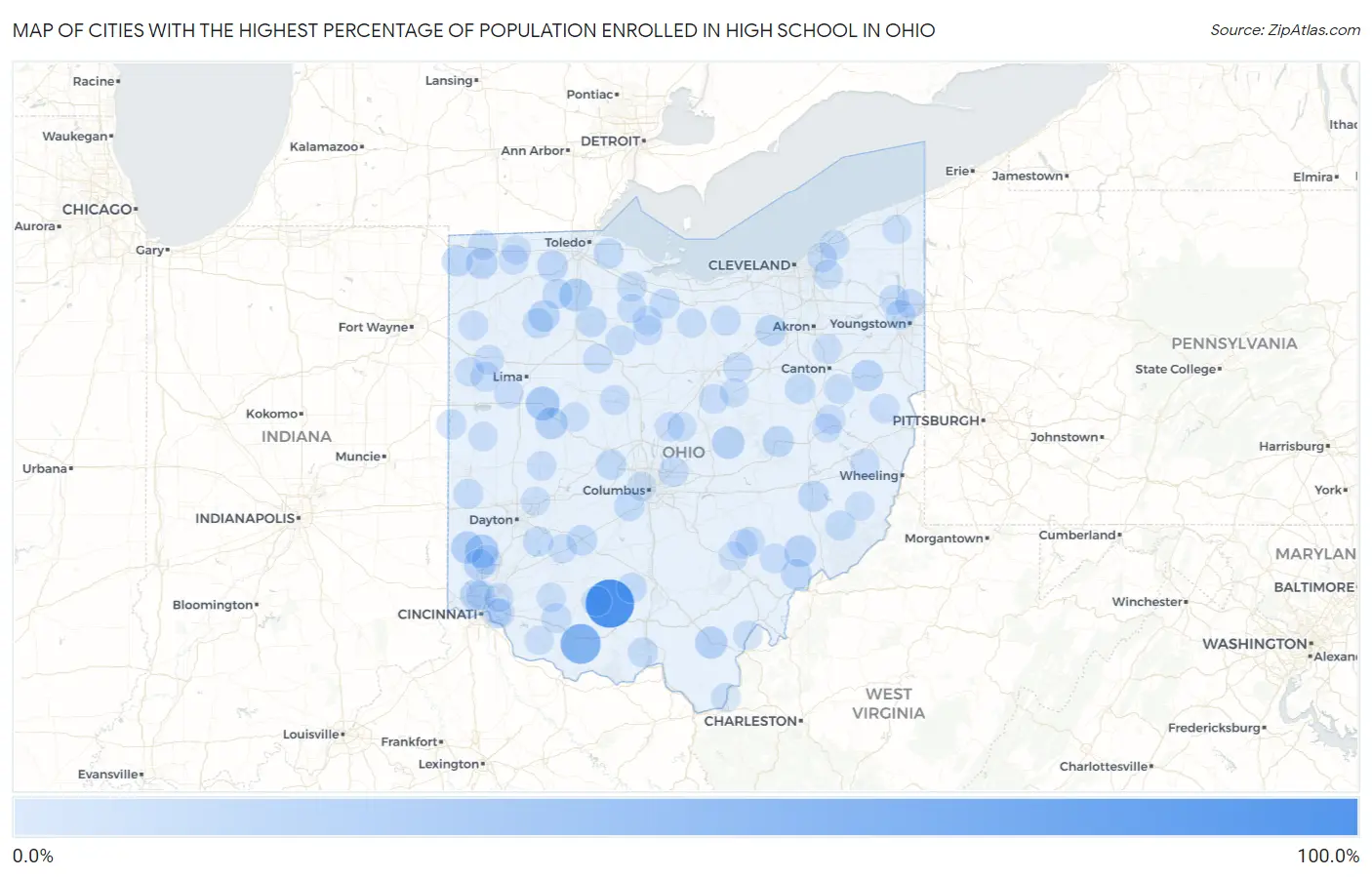 Cities with the Highest Percentage of Population Enrolled in High School in Ohio Map