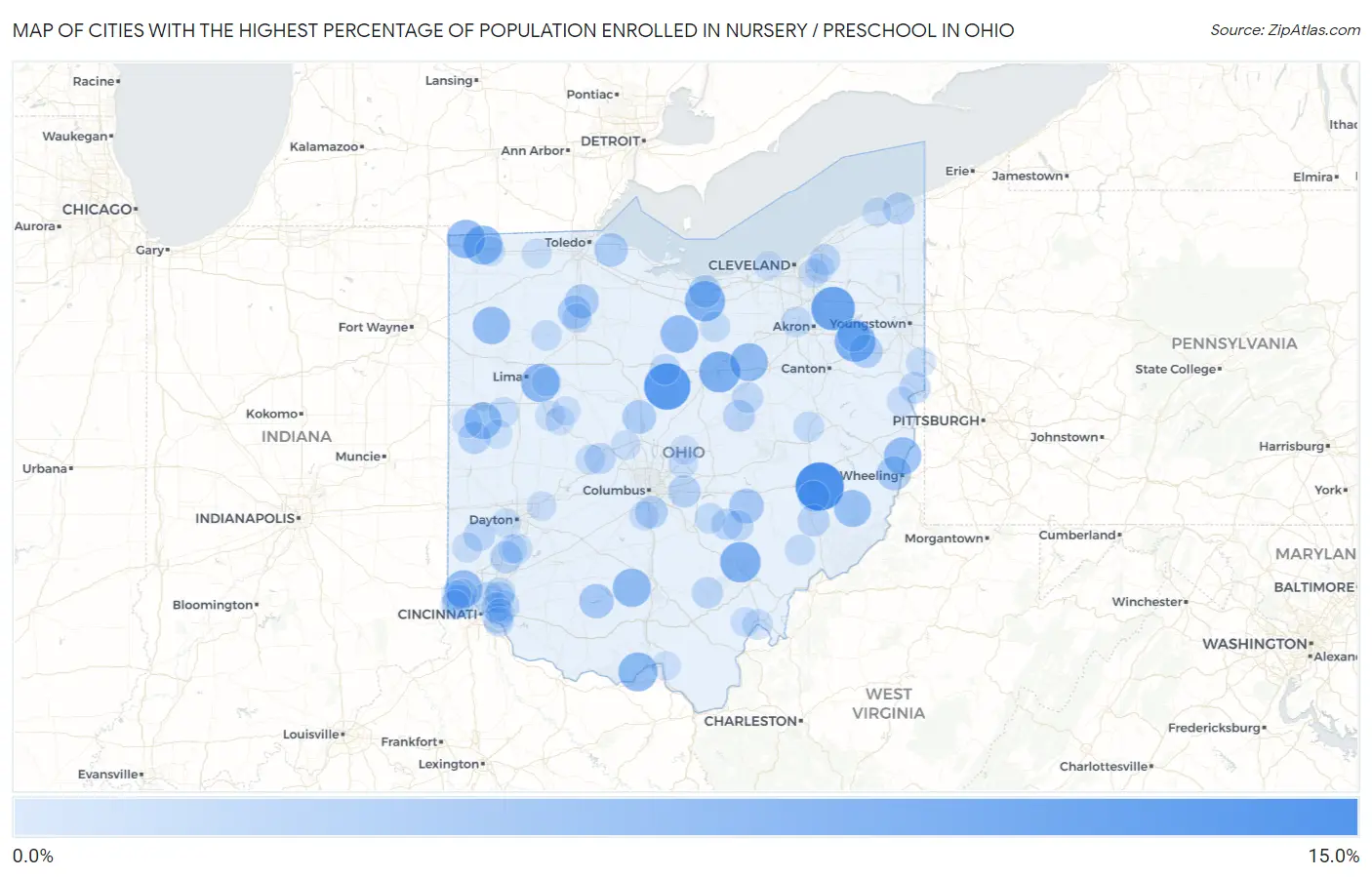 Cities with the Highest Percentage of Population Enrolled in Nursery / Preschool in Ohio Map