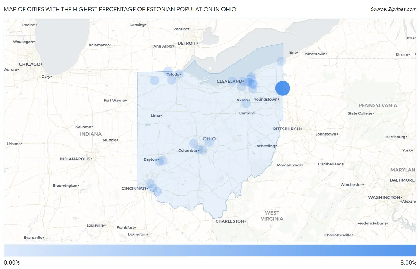 Cities with the Highest Percentage of Estonian Population in Ohio Map