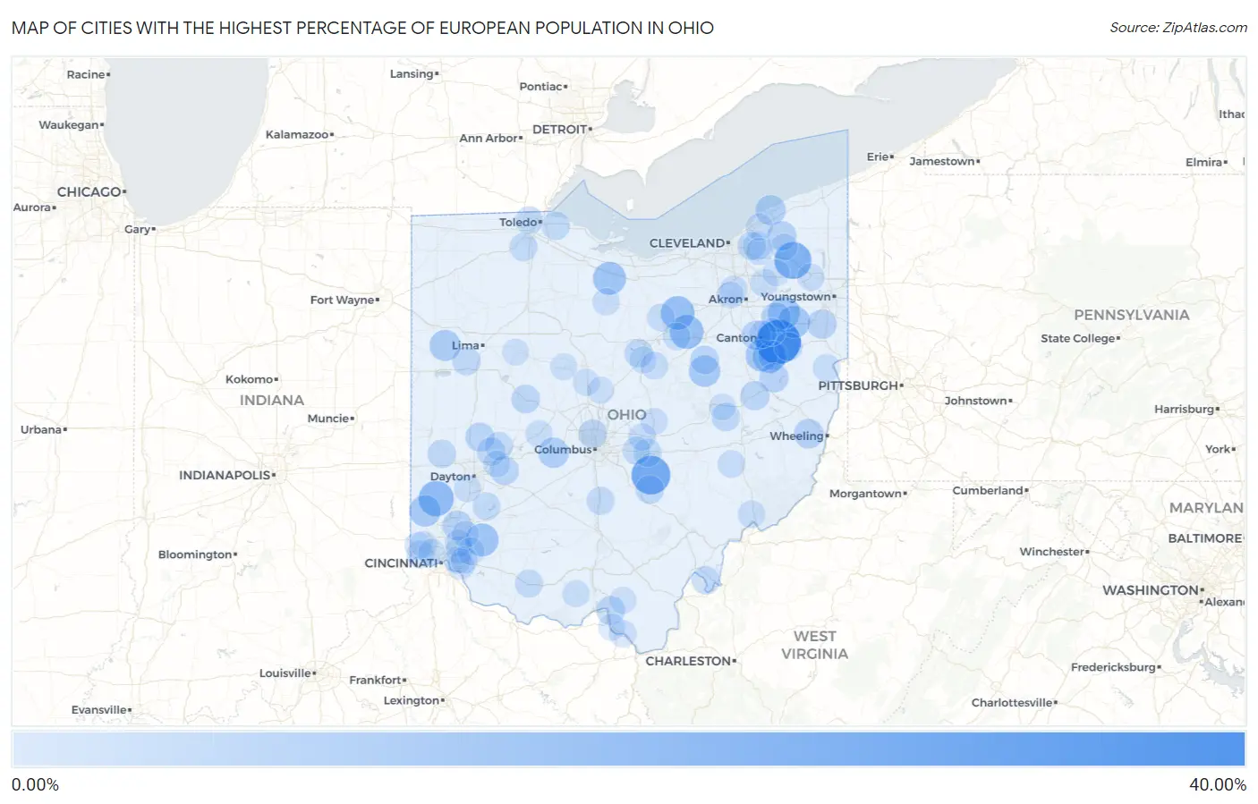 Cities with the Highest Percentage of European Population in Ohio Map