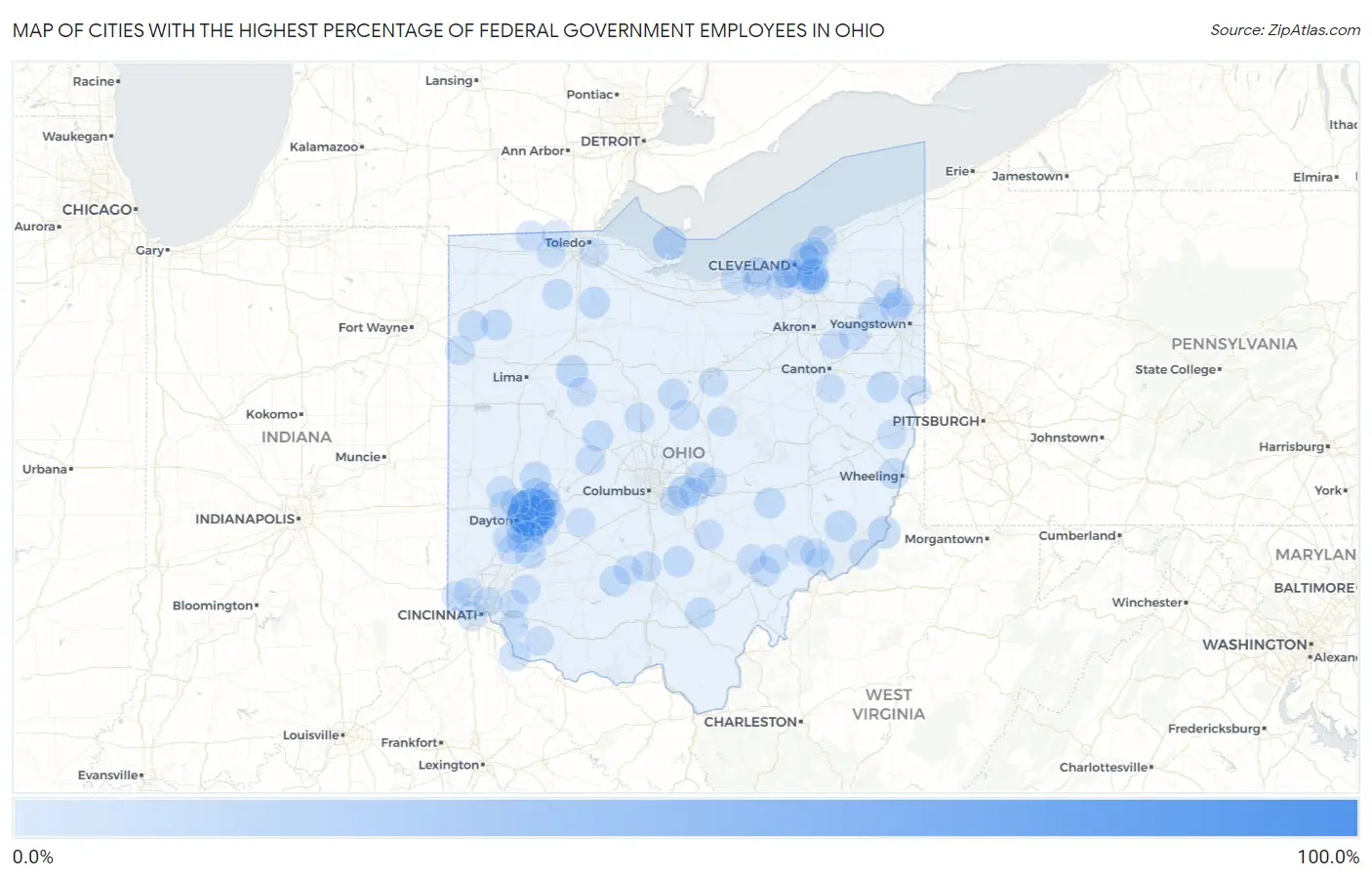 Cities with the Highest Percentage of Federal Government Employees in Ohio Map