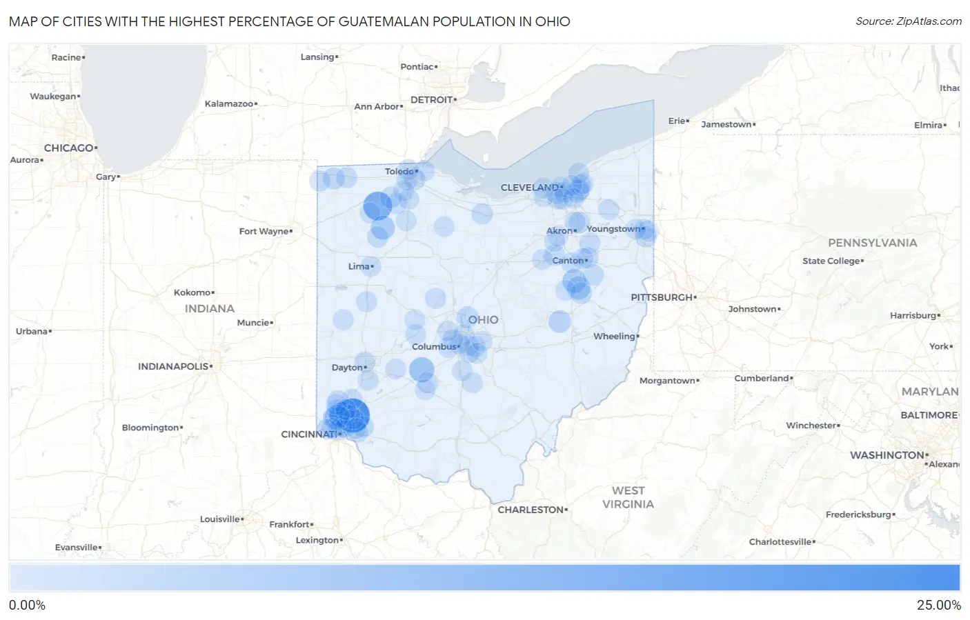 Cities with the Highest Percentage of Guatemalan Population in Ohio Map