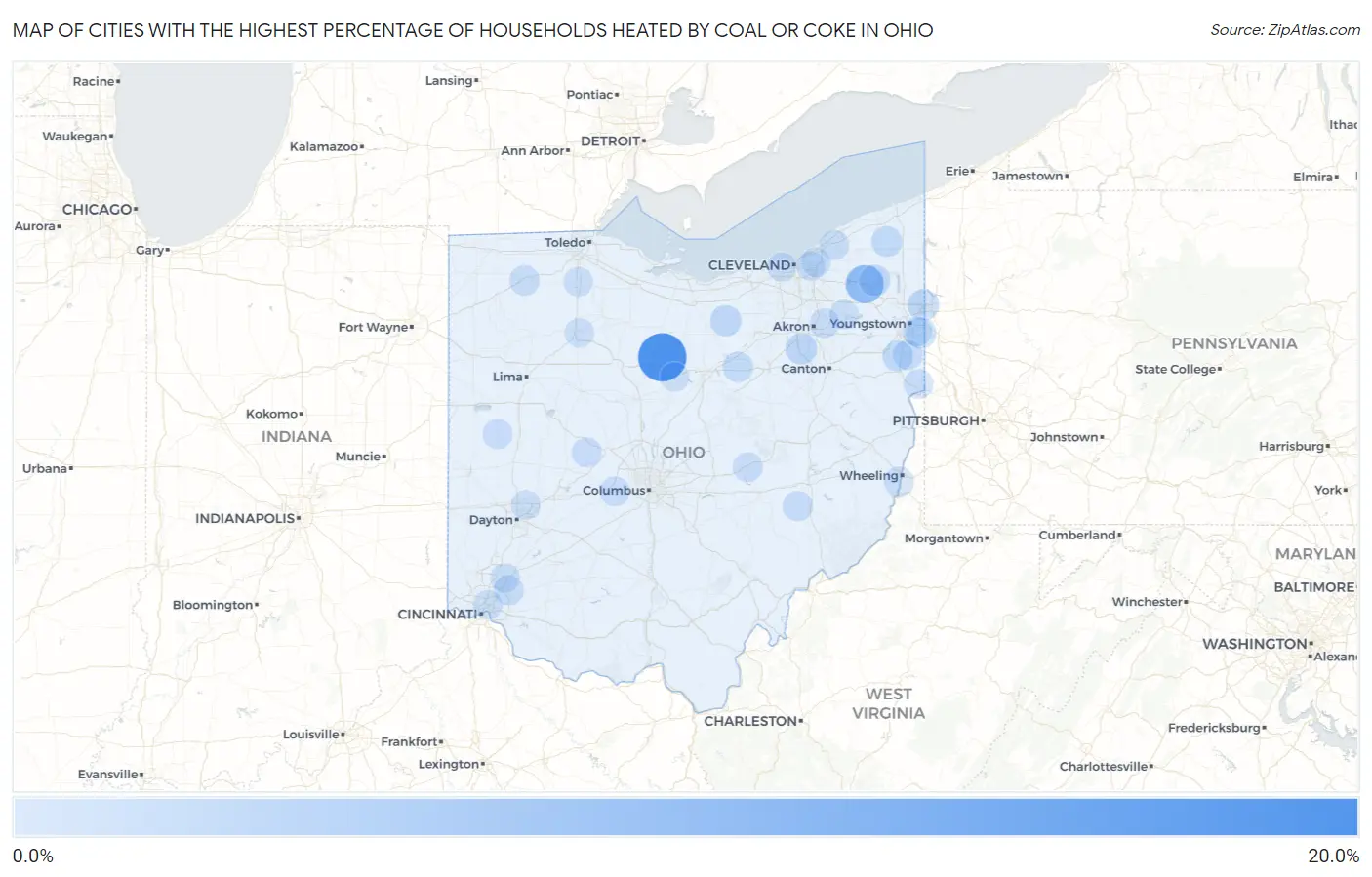 Cities with the Highest Percentage of Households Heated by Coal or Coke in Ohio Map