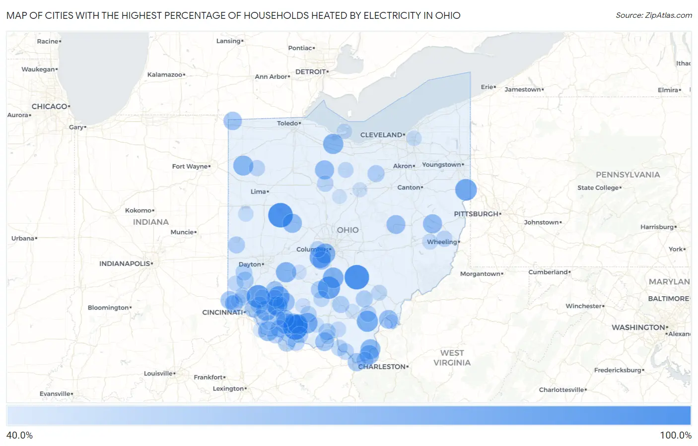 Cities with the Highest Percentage of Households Heated by Electricity in Ohio Map