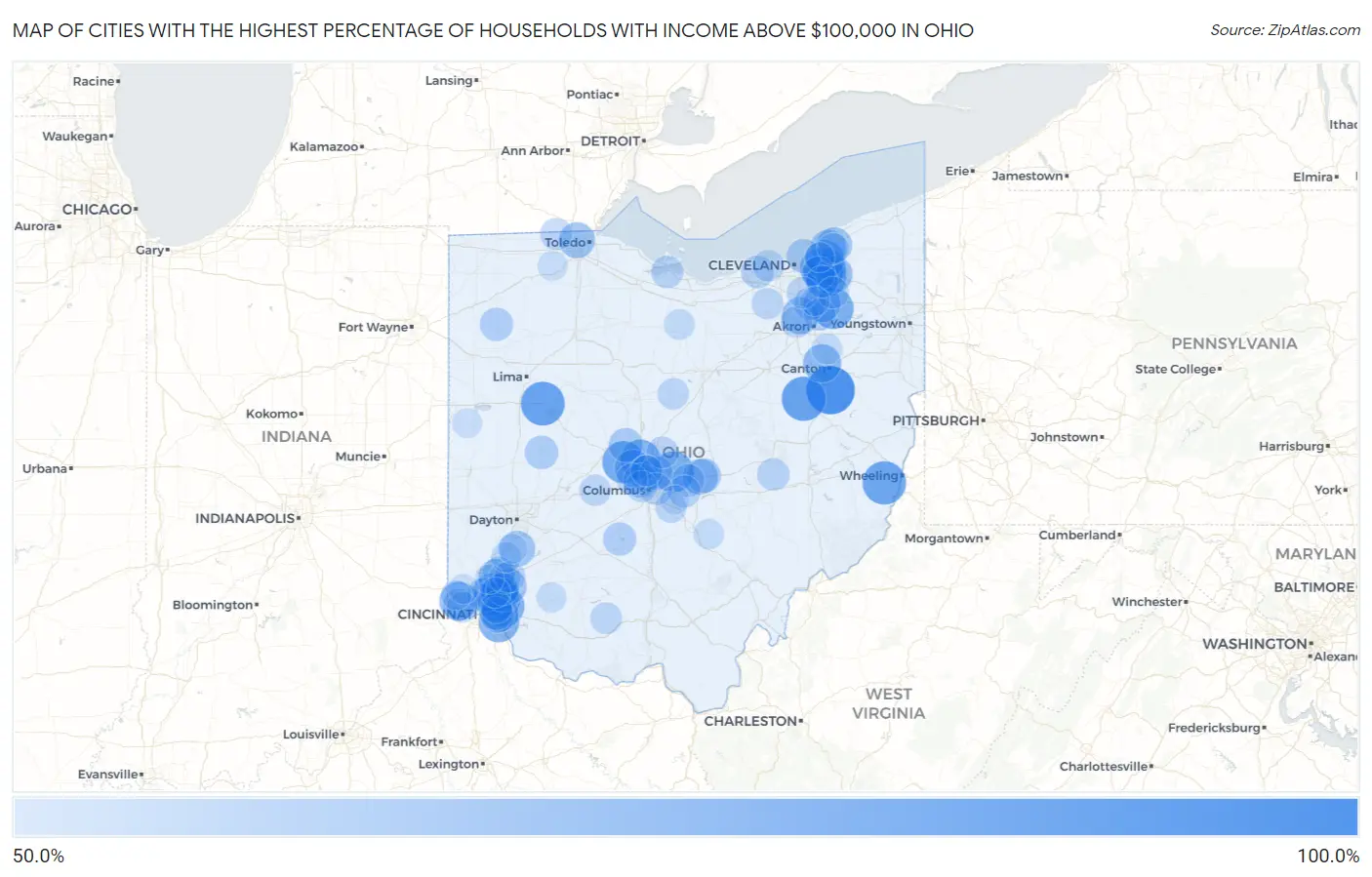 Cities with the Highest Percentage of Households with Income Above $100,000 in Ohio Map