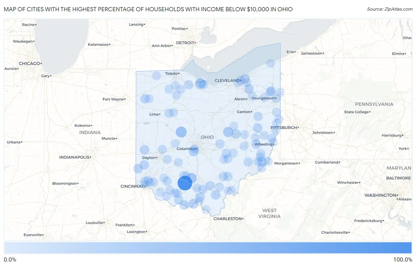 Cities with the Highest Percentage of Households with Income Below $10,000 in Ohio Map