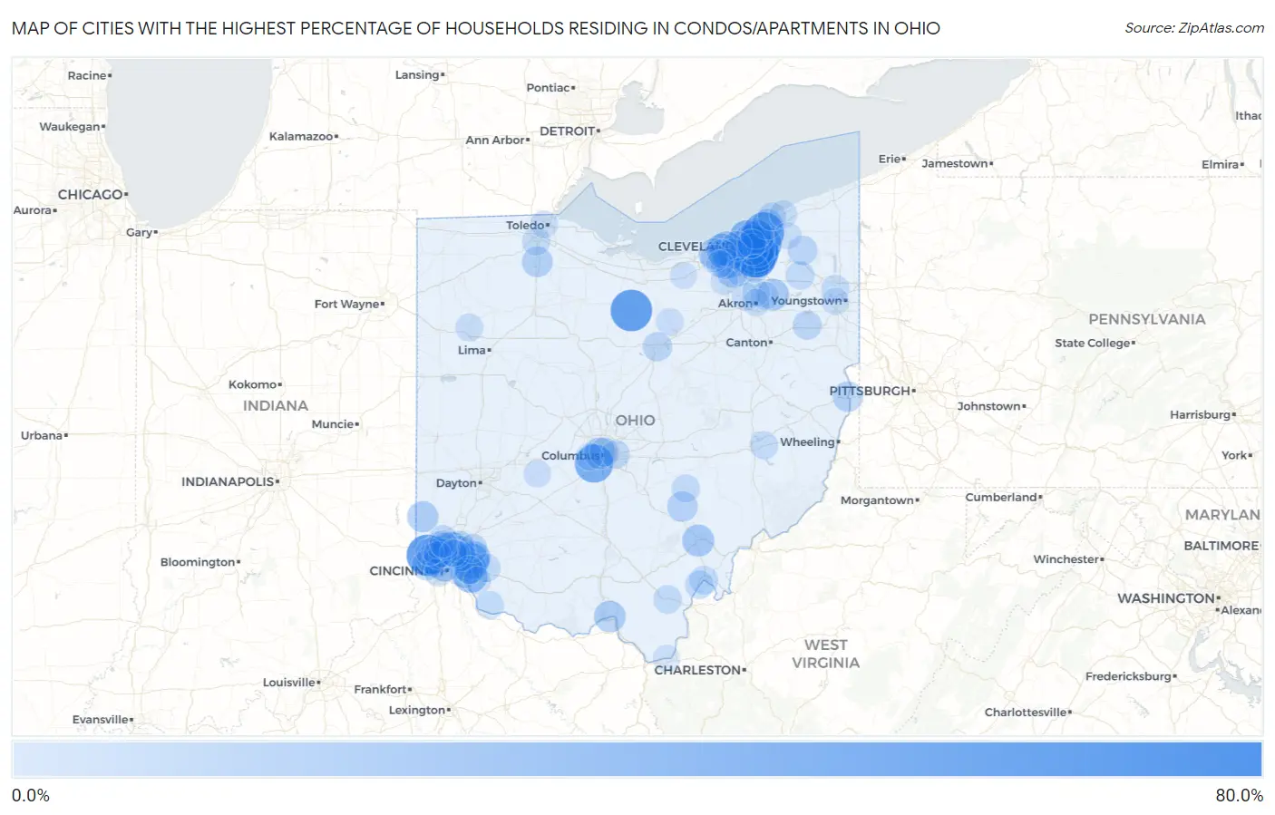 Cities with the Highest Percentage of Households Residing in Condos/Apartments in Ohio Map
