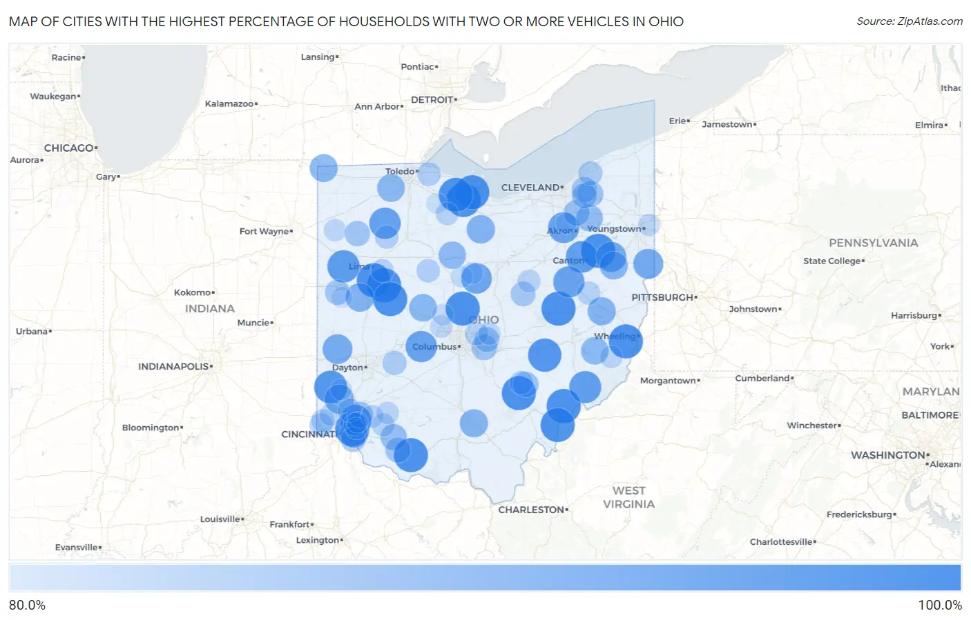 Cities with the Highest Percentage of Households With Two or more Vehicles in Ohio Map