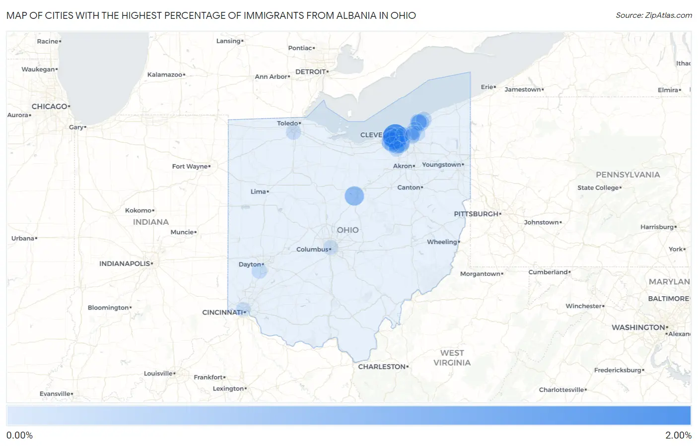 Cities with the Highest Percentage of Immigrants from Albania in Ohio Map