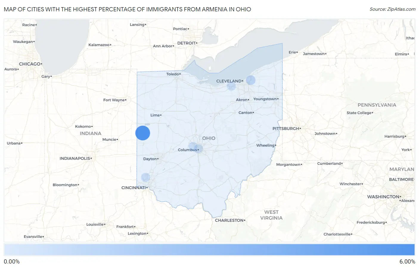 Cities with the Highest Percentage of Immigrants from Armenia in Ohio Map