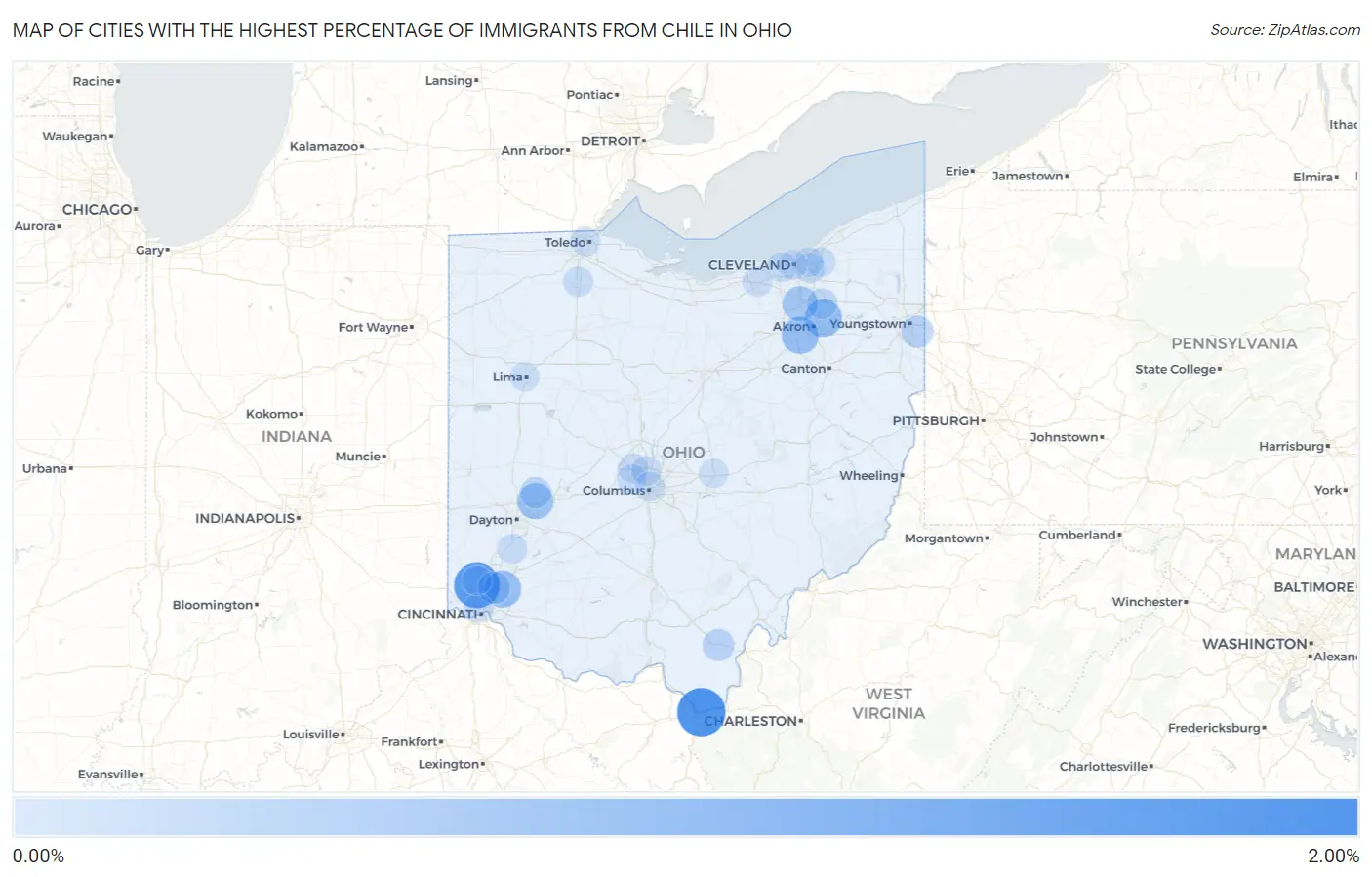 Cities with the Highest Percentage of Immigrants from Chile in Ohio Map