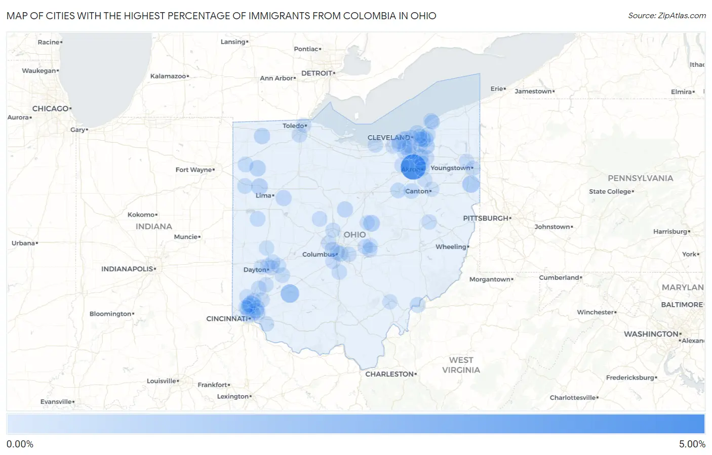 Cities with the Highest Percentage of Immigrants from Colombia in Ohio Map