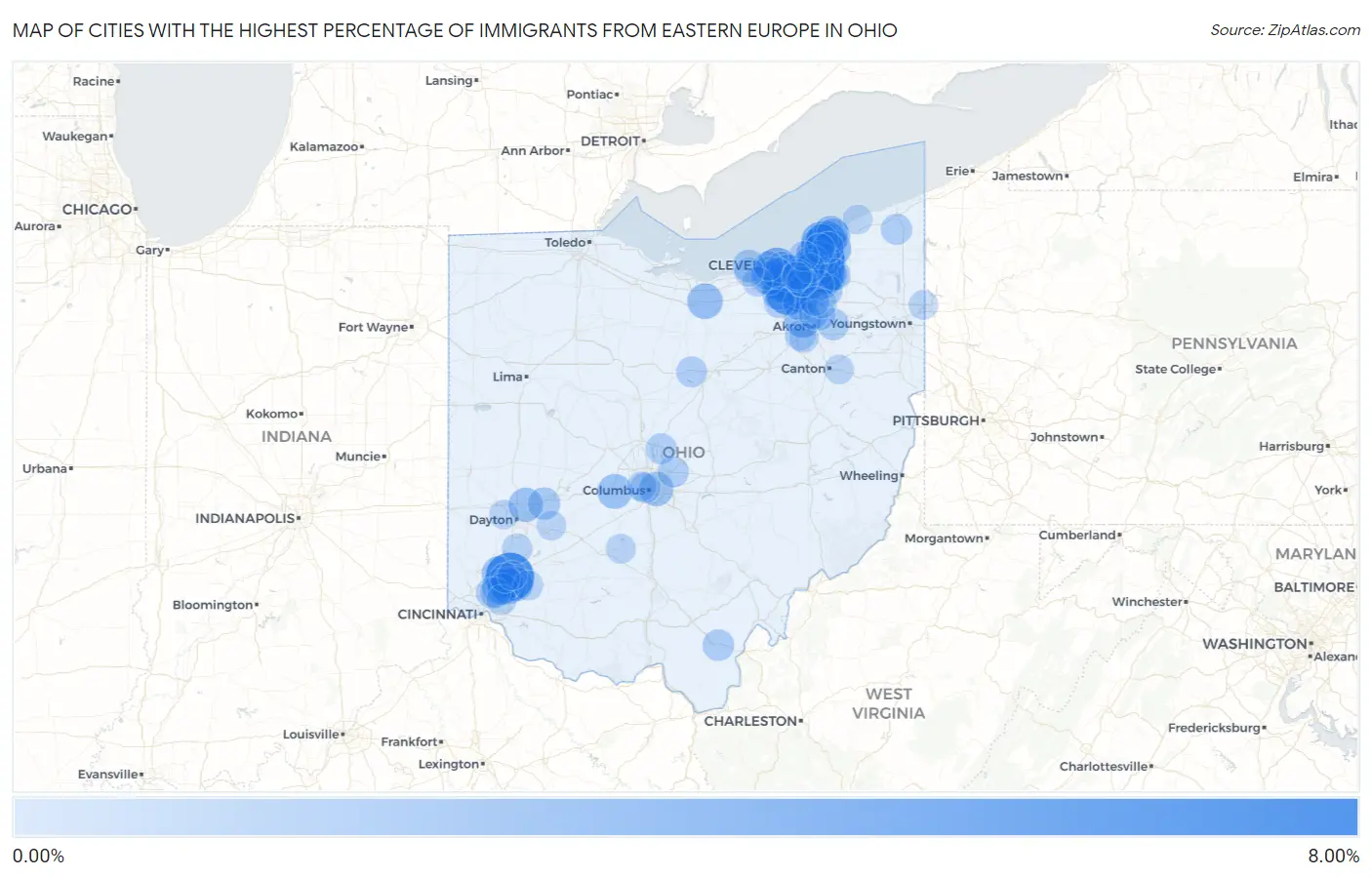 Cities with the Highest Percentage of Immigrants from Eastern Europe in Ohio Map