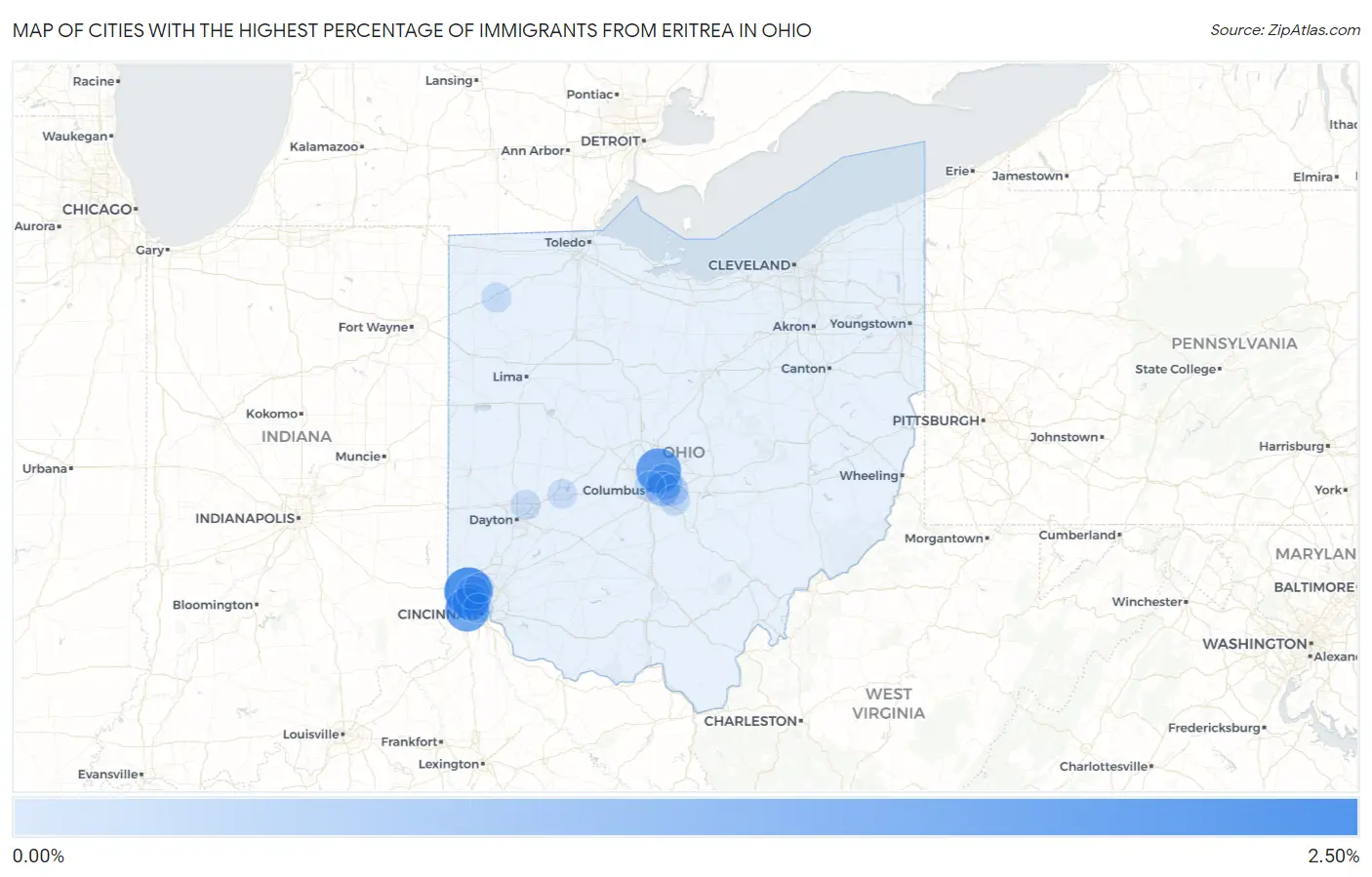Cities with the Highest Percentage of Immigrants from Eritrea in Ohio Map