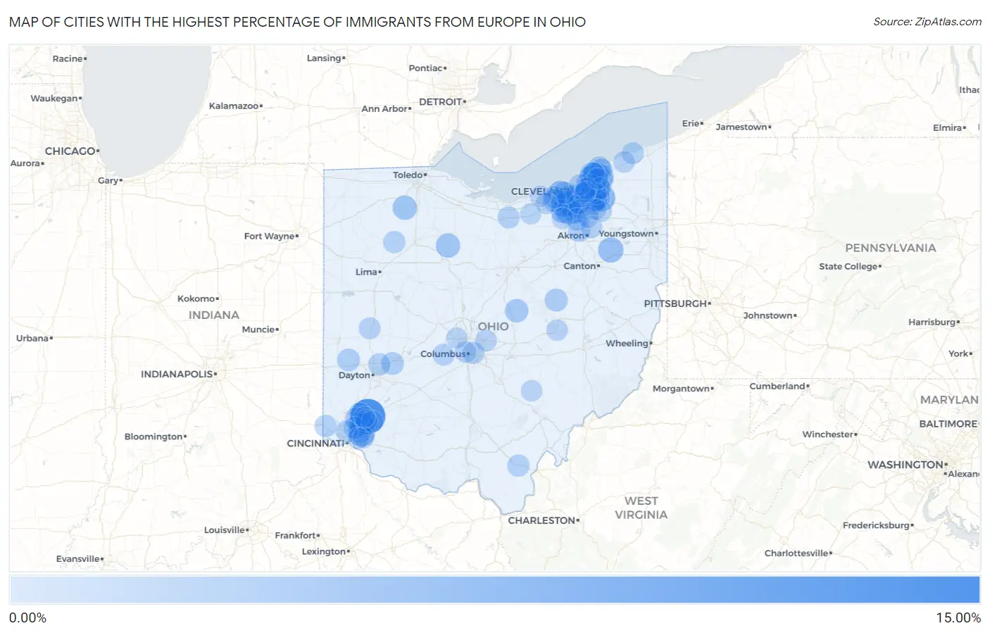Cities with the Highest Percentage of Immigrants from Europe in Ohio Map